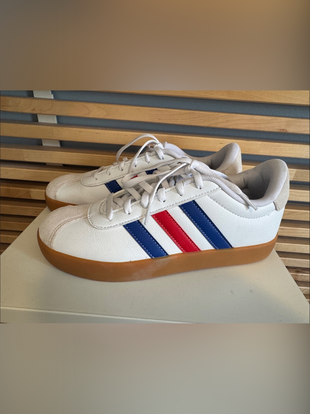 adidas Kids White VL 3.0 court shoes, white with red and blue stripes